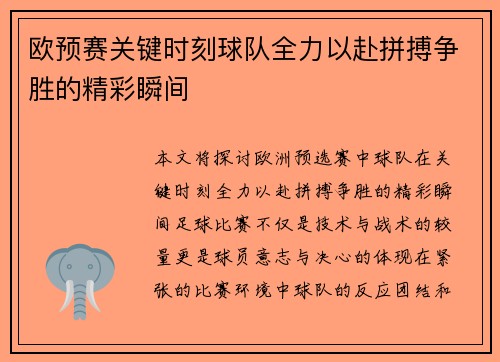 欧预赛关键时刻球队全力以赴拼搏争胜的精彩瞬间