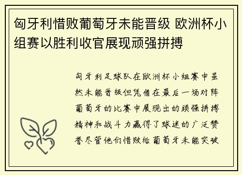 匈牙利惜败葡萄牙未能晋级 欧洲杯小组赛以胜利收官展现顽强拼搏