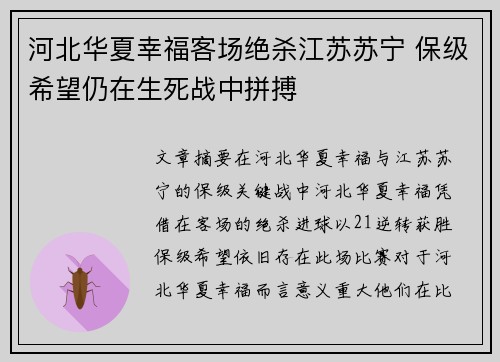 河北华夏幸福客场绝杀江苏苏宁 保级希望仍在生死战中拼搏