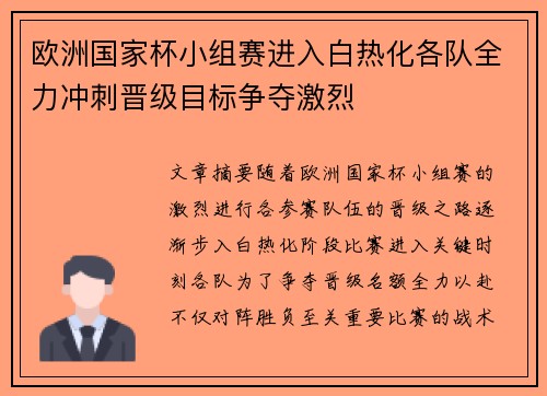 欧洲国家杯小组赛进入白热化各队全力冲刺晋级目标争夺激烈