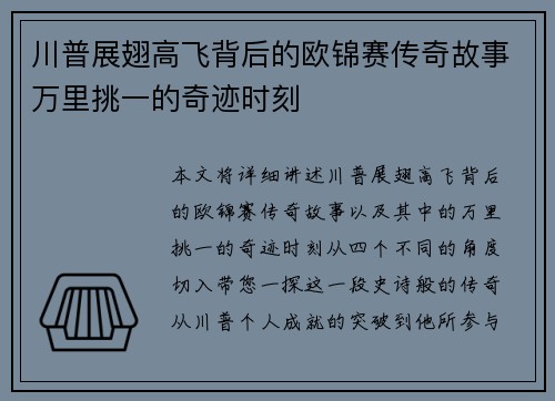 川普展翅高飞背后的欧锦赛传奇故事万里挑一的奇迹时刻