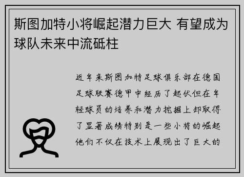 斯图加特小将崛起潜力巨大 有望成为球队未来中流砥柱