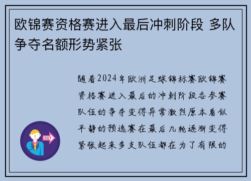 欧锦赛资格赛进入最后冲刺阶段 多队争夺名额形势紧张