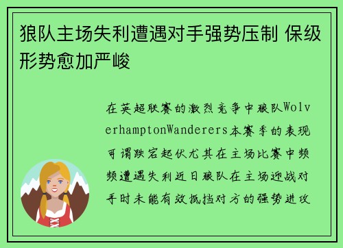 狼队主场失利遭遇对手强势压制 保级形势愈加严峻