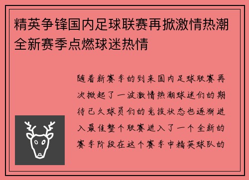 精英争锋国内足球联赛再掀激情热潮全新赛季点燃球迷热情