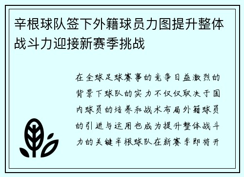 辛根球队签下外籍球员力图提升整体战斗力迎接新赛季挑战